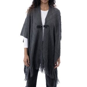 Style & Co Fringe-Trim Toggle-Buckle Cape Poncho Women's One Size Charcoal Grey